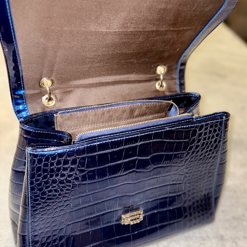 Blue Croc Embossed Satchel with Gold-Tone Hardware - Picture 7 of 16